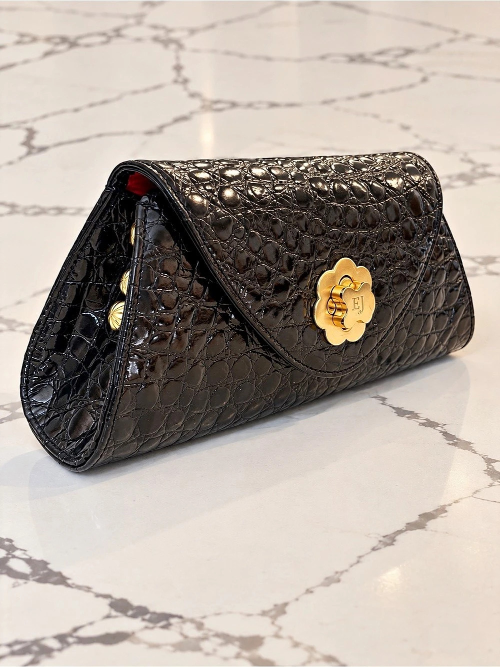 Vintage Eric Javits Black Crocodile Embossed Leather Clutch Bag  EJ 1990-2000 - Picture 2 of 8